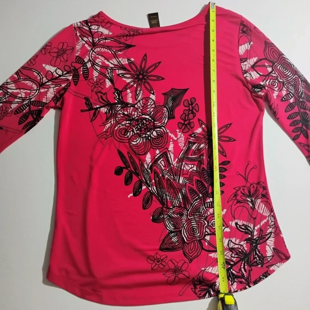 Multiples Floral Print Top Small Pink Black White 3/4 Sleeve Stretch Blouse
